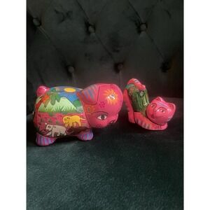TALAVERA Mexican Pig Pottery Ceramic Piggy Bank Hand Painted Flowers Free Cat